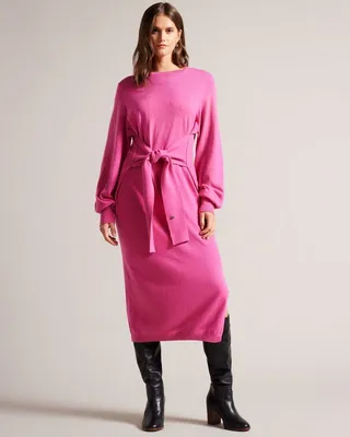 Slouchy Tie Front Midi Knit Dress in Bright Pink