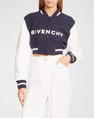 Mixed-Media Logo-Embroidered Crop Bomber Jacket