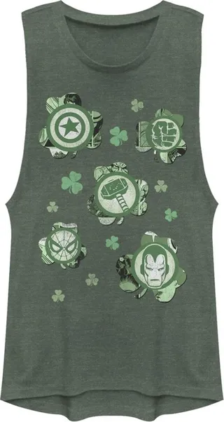 Junior's Marvel St. Patrick's Day Clover Icon Festival Muscle Tee - Pine Green Heather - Large