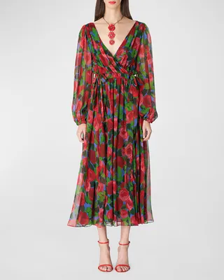 Rose-Print Pleated Faux Wrap Dress