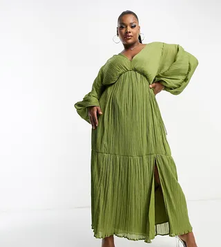 ASOS DESIGN Curve micro pleated batwing trapeze maxi dress in khaki