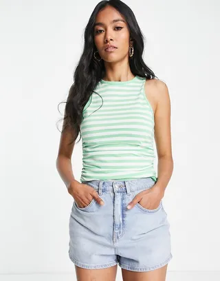 ASOS DESIGN ruched side tank in green and white stripe