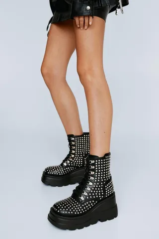 Nasty Gal Womens Faux Leather All Over Stud Platform Lace Up Boot