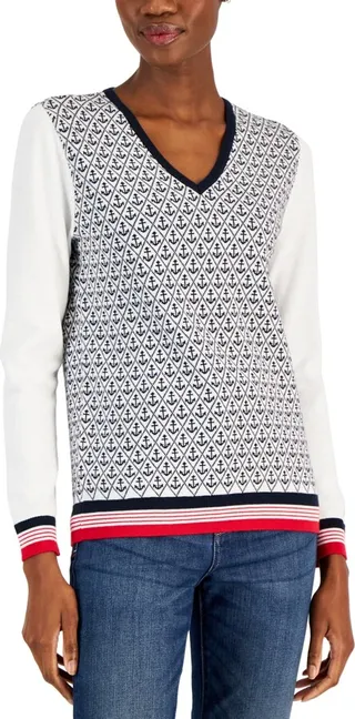 Tommy Hilfiger Women's Anchor Print Cotton V-Neck Sweater