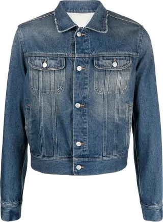 Washed-Effect Button-Up Denim Jacket