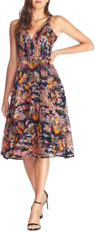 Elisa Sequin Embellished Embroidered Fit & Flare Dress