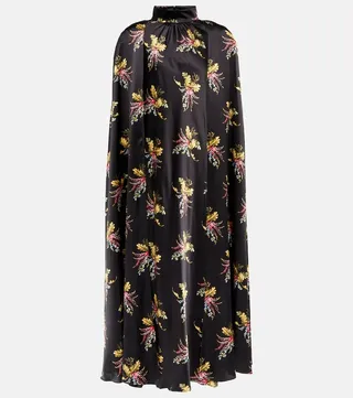 Floral silk charmeuse cape midi dress