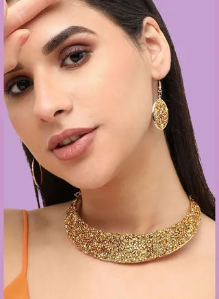 Gold Plated Designer Stone Party Necklace and Earring Set For Women