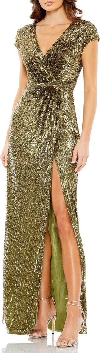 Sequin Wrap Front Column Gown