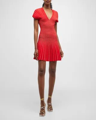 V-Neck Short Metallic Pleated Knit Mini Dress