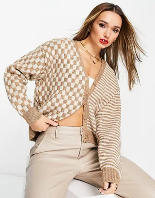 Y.A.S spliced check button through cardigan in brown