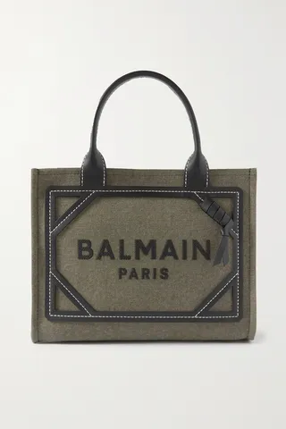 Balmain - B-army Small Leather-trimmed Cotton And Linen-blend Canvas Tote - Green