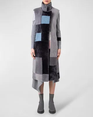 Patchwork-Lapel Long Lamb Shearling Gilet