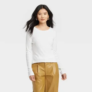 Women's Long Sleeve Ribbed T-Shirt - A New Day™ White XXL