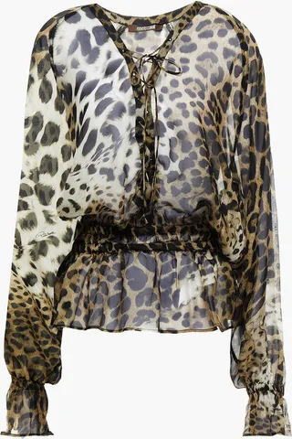 Embellished gathered leopard-print silk-chiffon blouse