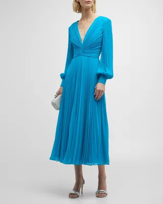 Bishop-Sleeve Pleated A-Line Midi Dress