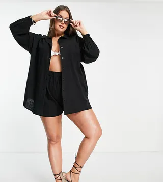 ASOS DESIGN Curve oversized natural beach shirt in black
