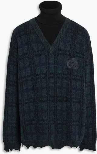 Distressed checked wool turtleneck sweater