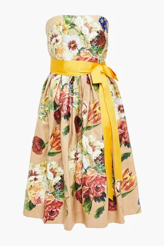 Strapless pleated floral-print canvas dress