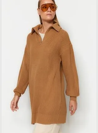 Camel Zipper Detailed Knitwear Sweater TCTAW24AK00137