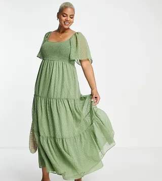ASOS DESIGN Curve scoop neck textured maxi dress with raw edge in khaki
