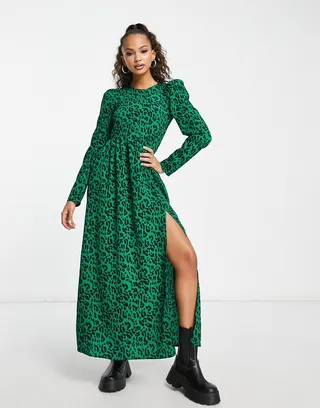 Monki long sleeve dress in green leopard print with slit