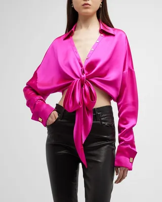 Parker Satin Front-Tie Button-Front Shirt