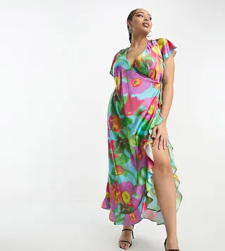 ASOS DESIGN Curve frill detail wrap maxi satin dress in large bold floral print