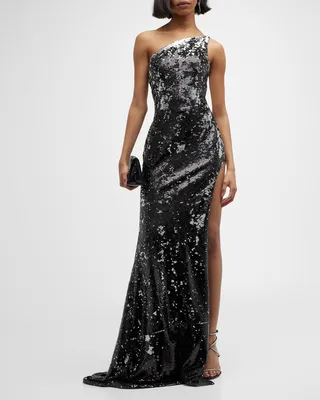 One-Shoulder Side-Slit Sequin Gown