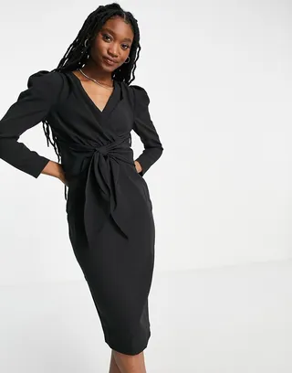 Little Mistress puff shoulder tie front detail midi dress
