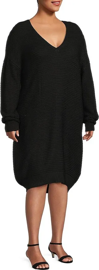 Plus Long-Sleeve V-Neck Sweaterdress