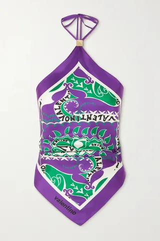 Valentino Garavani - Printed Silk-twill Halterneck Top - Purple