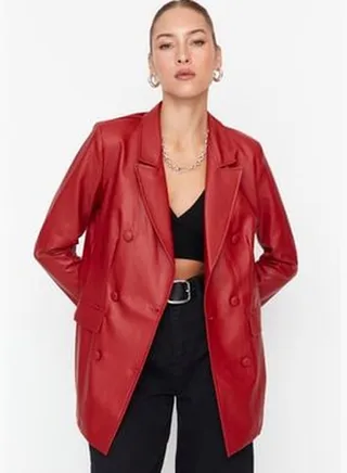 Burgundy Imitation Leather Double Breasted Closure Blazer with Woven Lining TWOAW21CE0156