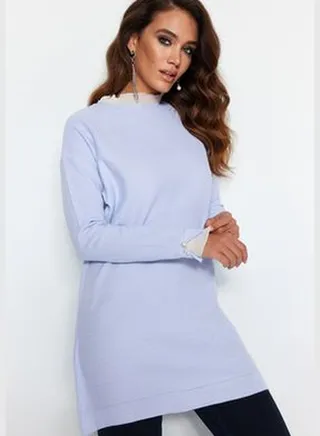 Light Blue Sleeves Pearl Detailed Knitwear Sweater TCTAW23AK00027
