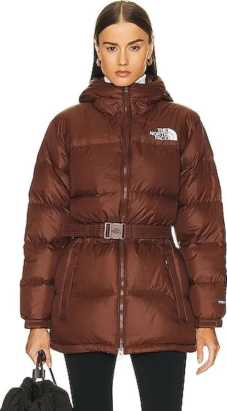 The North Face Nuptse Belted Mid Jacket in Brown