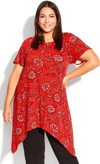 EVANS | Women's Plus Size Hanky Hem Print Tunic - scarlet - 16W