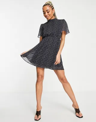 Trendyol flutter sleeve mini dress in navy spot