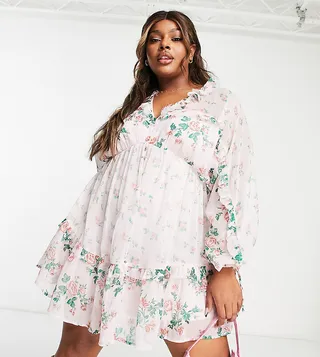 ASOS DESIGN Curve V-front & -back mini skater dress with ruffles in pink floral print