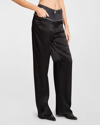 Mixed Media Wide-Leg Denim Pants