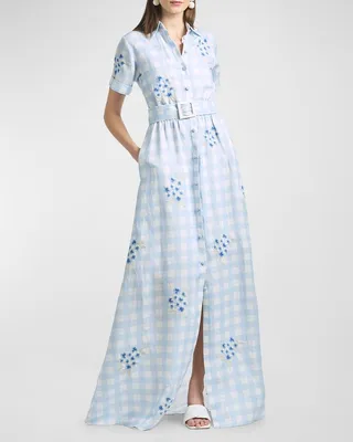 Kathryn Embroidered Gingham Maxi Shirtdress