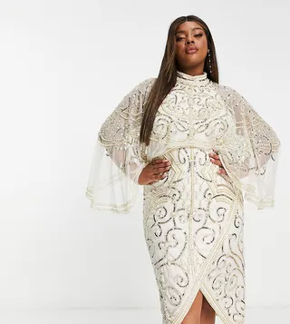 ASOS DESIGN Curve pearl embellished midi dress in white