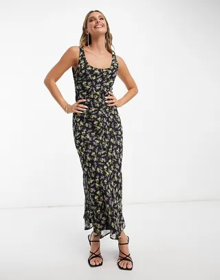 ASOS DESIGN scoop neck midi slip dress in black ditsy print