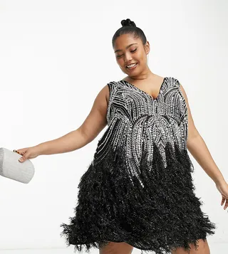 ASOS EDITION Curve crystal and bead mini dress with faux feather hem in black