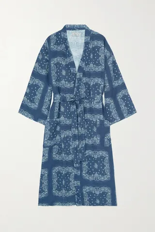 Desmond & Dempsey - Printed Linen Robe - Blue