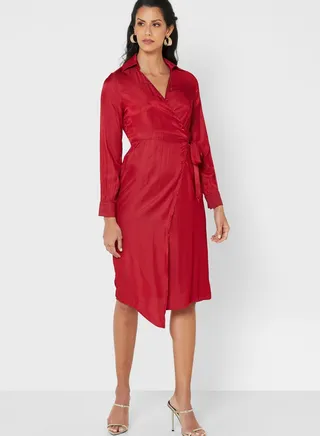 Button Detail Belted Wrap Dress