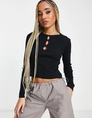 Threadbare Valeria ribbed cropped top with cut out front in black