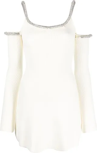 Cream Crystal Embellished Long Sleeve Mini Dress