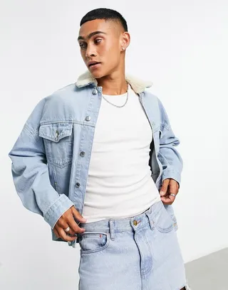 ASOS DESIGN oversized denim jacket in light wash with teddy collar
