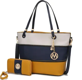Vallie Color-Block Vegan Leather Women’s Tote Bag with Matching Wallet – 2 pcs