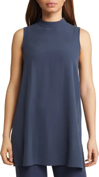 Sleeveless Mock Neck Silk Tunic Top